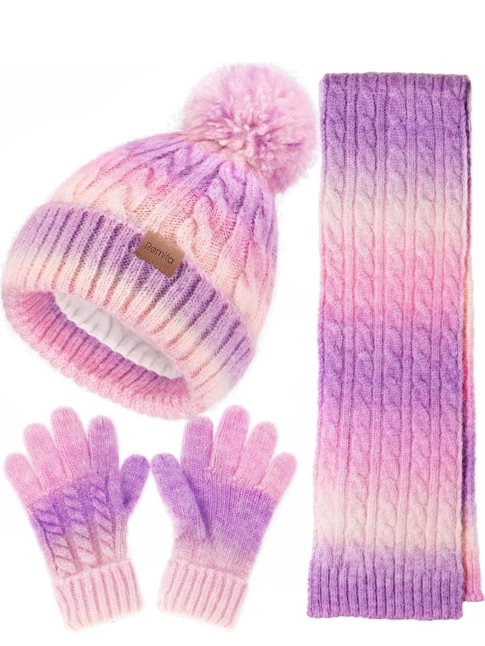 Brand New! Girls - Pink/Purple Ombre Knit Hat, Scarf & Gloves Set